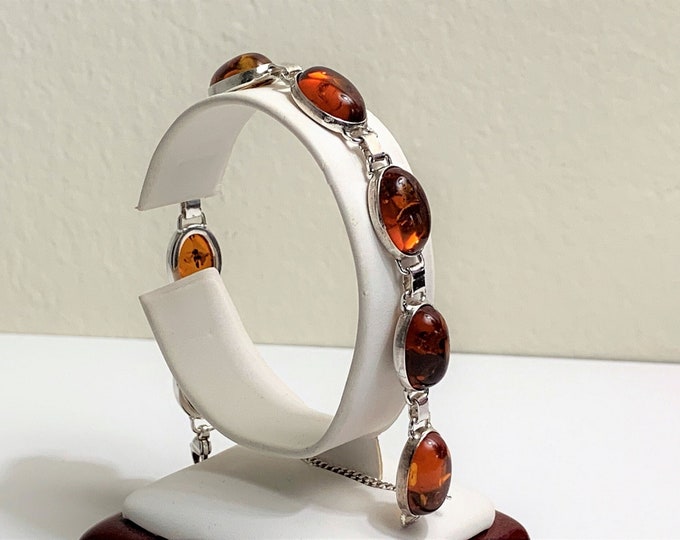 Vintage Sterling Silver Natural Baltic Cognac Amber Bracelet, 8 Oval Cabochon 14X10 mm, 7" Long, Safety Chain, England