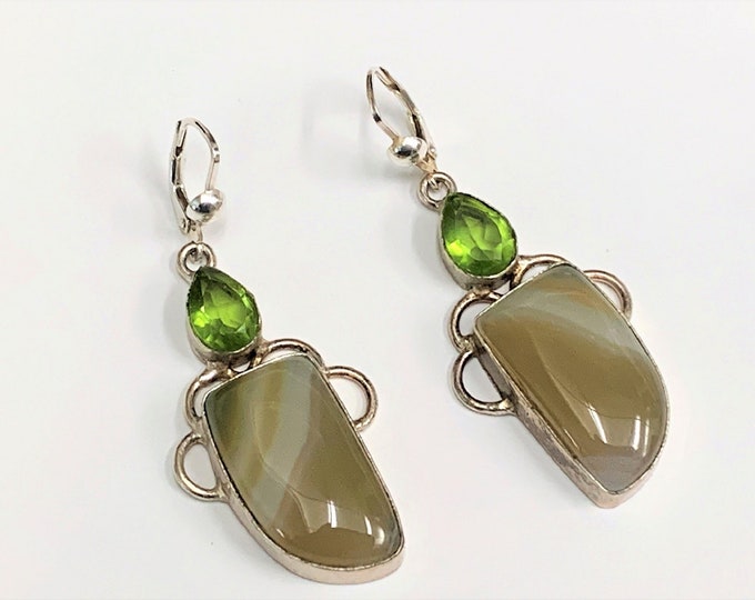 Vintage Large Sterling Silver Green Peridot and Natural Lace Agate Gemstones Dangle Earrings, Lever Backs, 2 1/4" long - 7/8" wide. Unique