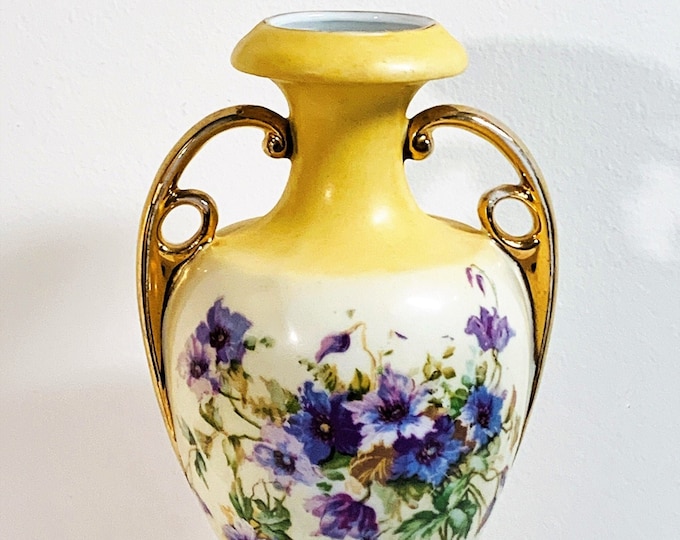 Vintage Victoria Carlsbad Austria Hand Painted Vase, Circa 1977 Doubled Handle Floral, Signed & Numbered, 8.25" Tall, Well Preserved.
