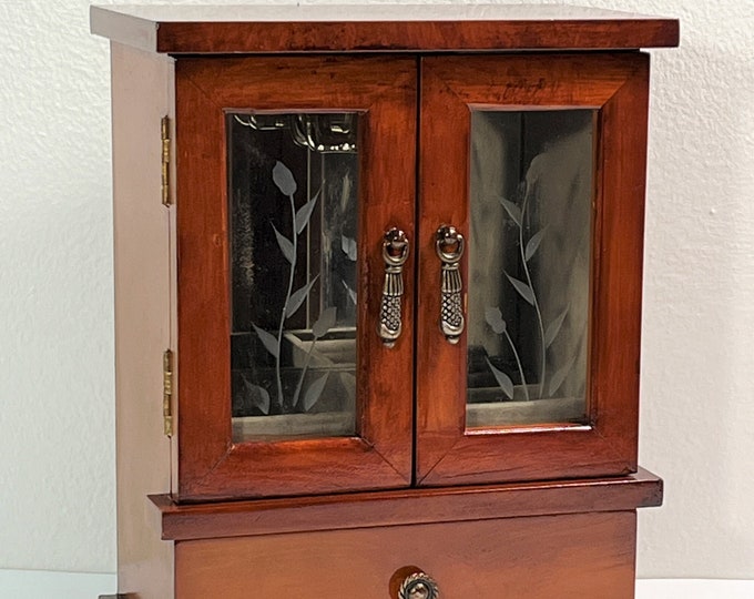 Vintage Solid Wood Small Jewelry Armoire, 9" T. 7" W, Floral Glass Doors, Mirror, Hanger, Ring Section, Drawer, Restored. Free US Shipping