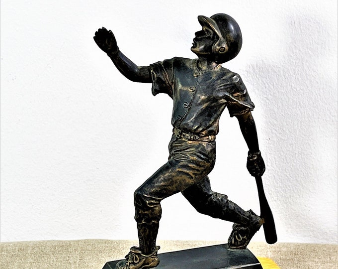 Vintage PDU Musical Baseball Batter Sculpture Mounted on Carved Wood, Tune: 'Memory'. Sankyo Music Box, 10" T. 7.5" W. Free US Shipping.