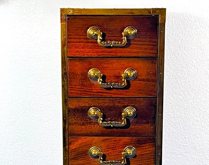 Antique Fine Wood & Solid Brass Musical Jewelry Armoire, Red Mahogany, Chenille Fabric Lining, 14.5" T. 6.25" W. Restored. Free US Shipping.