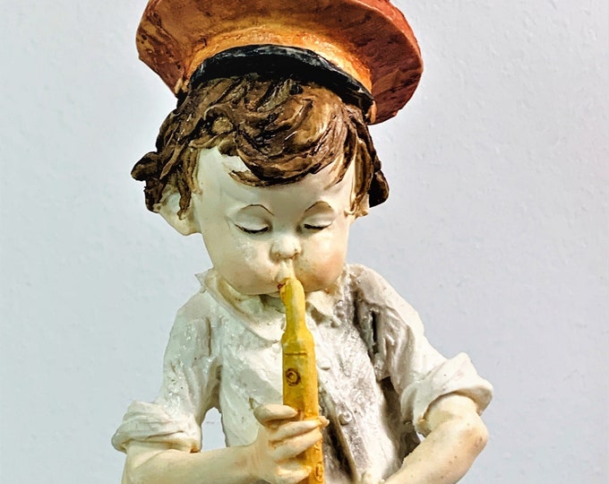 Vintage Large Saxophone Player Boy Figurine, Bisque Porcelain, Wood Base, Circa 1985, Impressive Details, 10" T. 4.75" B, Free US Shipping