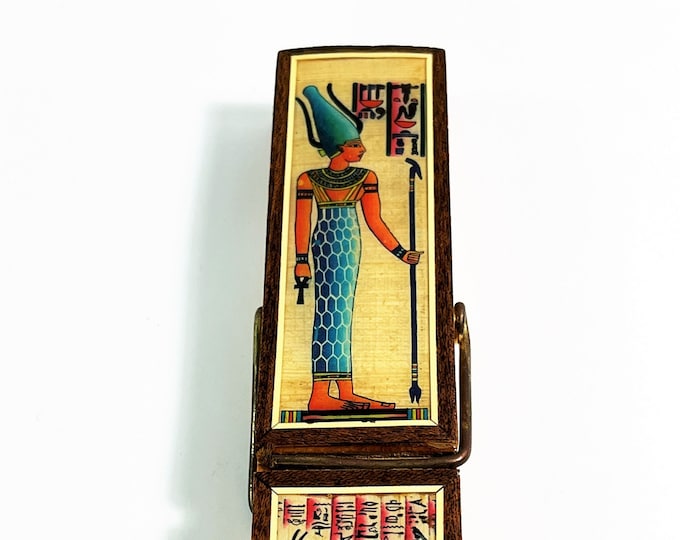 Vintage Egyptian Handmade Wood Clip (Clothes Peg), Inlaid Lacquered Hand Painted Papyrus, Brass Hinge, 6" L. 1.6" W.  Free US Shipping. Nice