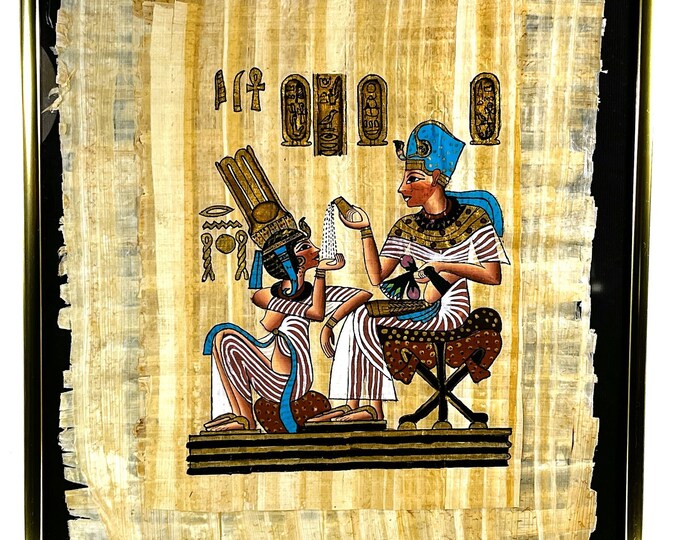 Vintage Genuine Hand Painted Egyptian Papyrus, Scene From The Collection of King Tutankhamun. Framed 16.5" X 12.5".  Free US Shipping.