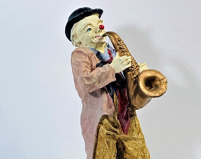 Vintage Large Hand Sculptured & Painted Clown Playing Saxophone Statue. Signed " BAGIO 86". 10" Tall, 4.5X3.5" Base. Free US Shipping.