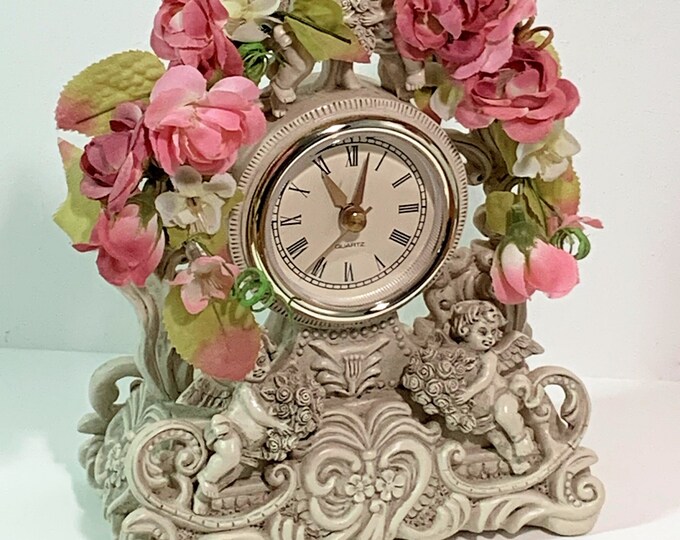 Vintage Cherubs & Flowers Hand Crafted Italian Hard Mix Resin Clock. 8" T. 6" W. Precision Quartz. Top Grade Condition. Free US Shipping.