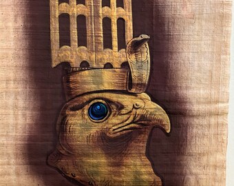 Vintage Hand Painted Egyptian Papyrus, Realistic Art, Depicts God Horus The Falcon, 3D Impression 20 X 11". 50 X 28 cm, By Monsef Labib.