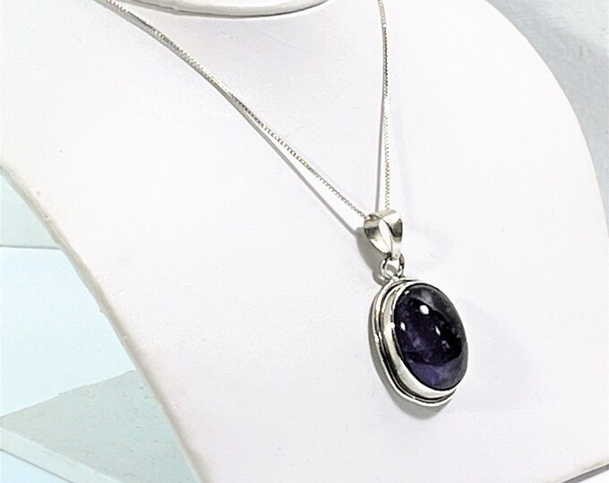 Vintage Sterling Silver & Natural Large Cabochon Amethyst Necklace, Amethyst 28X20mm. Bezel Set, 13.50 Gram, 18" Box Chain. Free US Shipping