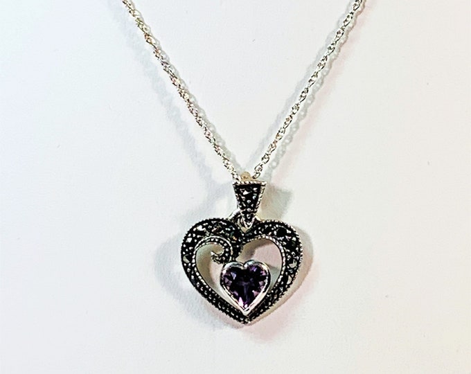 Sterling Silver Marcasite & Amethyst Hear Necklace, 7mm Heart Shape Purple Amethyst, 16" Links Chain. Polished. Free US Shipping.