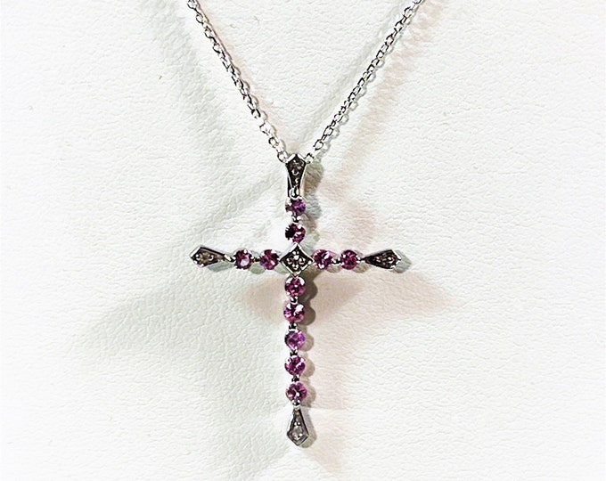 10K White Gold Pink Sapphire & Diamond Cross Necklace, 1 1/4" L. 1" W, 11 Round Sapphires, 4 Diamonds, 18" Long Chain. Free US Shipping.