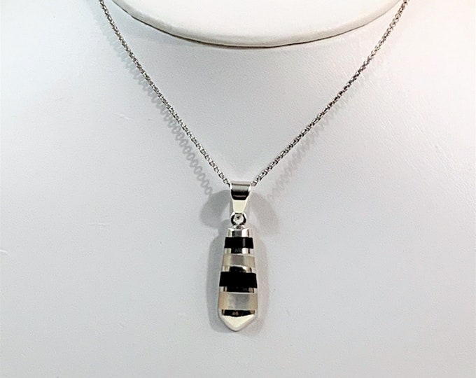 Sterling Silver Black Onyx and Mother of Pearl Inlay Necklace, 1 1/4" Pendant, 18" Long Rolo Chain. Beautifully Crafted. Free US Shipping.