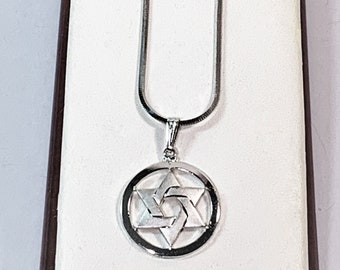 Vintage Sterling Silver Star of David Pendant Necklace, Satin Finish Star in Polished Circle 19mm, 16" Square Snake Chain, Free US Shipping.