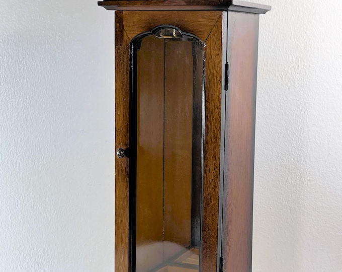 Vintage Mahogany Jewelry Armoire: Carved Wood Tower with Glass Door