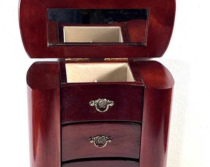 Vintage Mele Carved Wood Musical Jewelry Armoire: Fur Elise Tune, Mahogany Finish