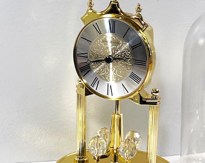 VTG Howard Miller® Quartz Anniversary Clock, Faceted Crystal Pendulum, Brass & Brass finish, Glass Dome, 9.5” T,  Serviced, Free US Shipping