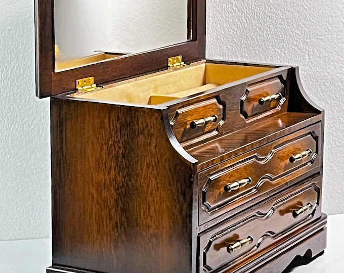 Vintage Jay™ Carved Wood Varnished Musical Jewelry Box, Tune: "Somewhere My Love", Mirror, Restored, 11" W. 8" T. 6" L Free US Shipping.