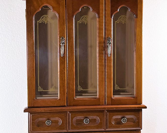 Vintage Large Carved Wood Jewelry Armoire. 2 Doors, Padded Walls, Rings Section, 2 Wide Drawers, Hangers, 18" T. 12.5" W. Free US Shipping.