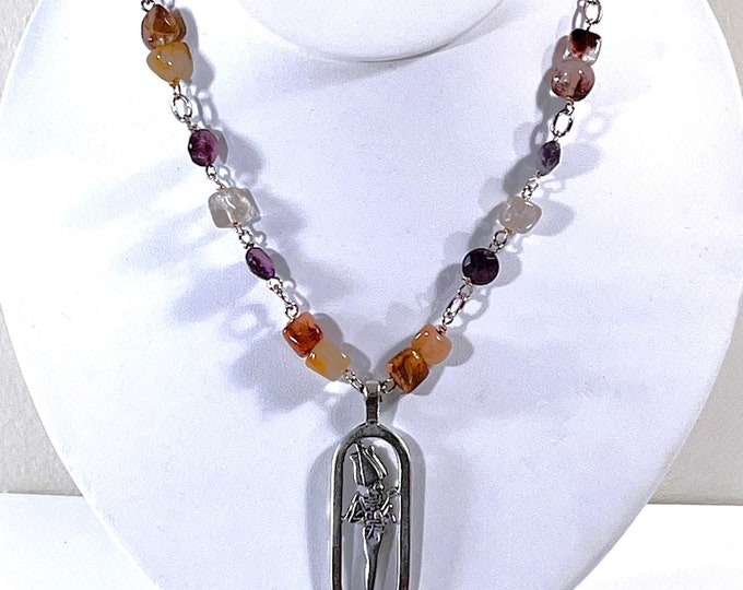 Vintage Egyptian Ritual Necklace, God 'Osiris' of Fertility & Resurrection, Sterling Silver and Semi-Precious Gems. 19" L. Free US Shipping.
