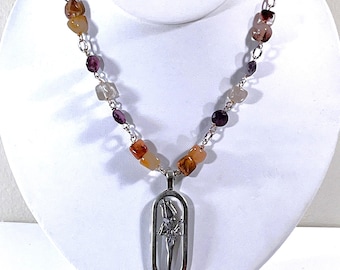 Vintage Egyptian Ritual Necklace, God 'Osiris' of Fertility & Resurrection, Sterling Silver and Semi-Precious Gems. 19" L. Free US Shipping.