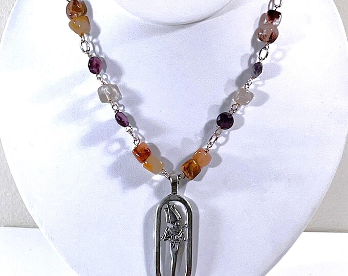 Vintage Egyptian Ritual Necklace, God 'Osiris' of Fertility & Resurrection, Sterling Silver and Semi-Precious Gems. 19" L. Free US Shipping.