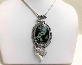 Large Moss Agate Victorian Statement Necklace, Shades of Green, 3" Long Slide, 18" Snake Chain, Hand Crafted Original Piece.