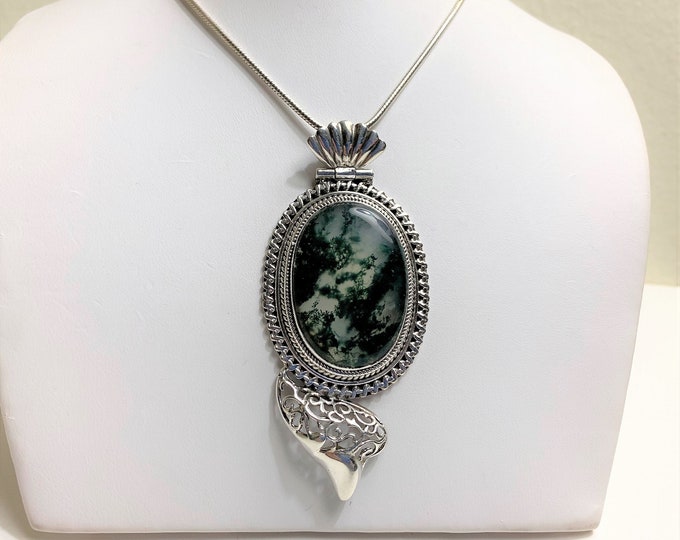 Large Moss Agate Victorian Statement Necklace, Shades of Green, 3" Long Slide, 18" Snake Chain, Hand Crafted Original Piece.