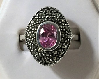 Vintage Sterling Silver Marcasite and Pink CZ Ring, Beautiful 2-Tier Ring, Top 20 X 14mm, Size 8