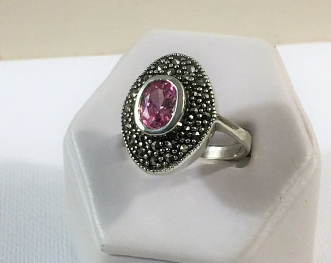 Vintage Sterling Silver Marcasite and Pink CZ Ring, Beautiful 2-Tier Ring, Top 20 X 14mm, Size 8
