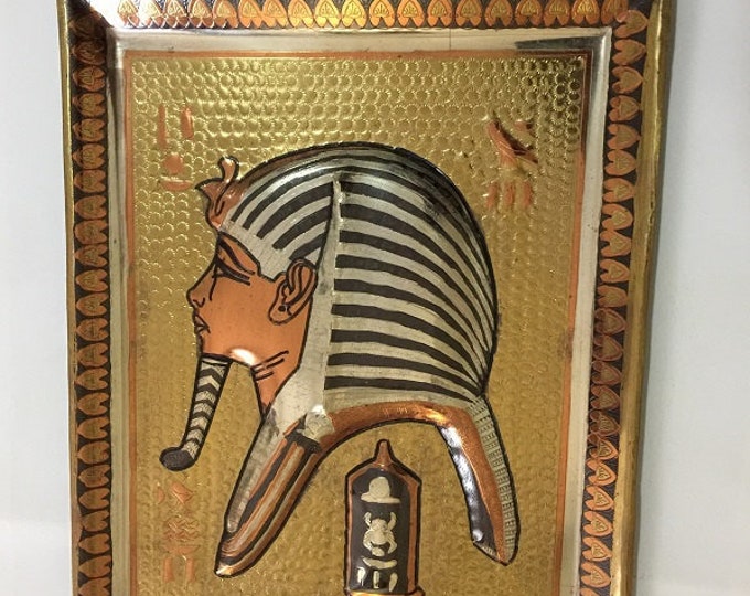 Vintage Egyptian Large Wall Hanging Plate, Brass, Copper, Silver Clad, Embossed Relief of King Tut Mask. 15.5" T. 11.5" W. Free US Shipping.