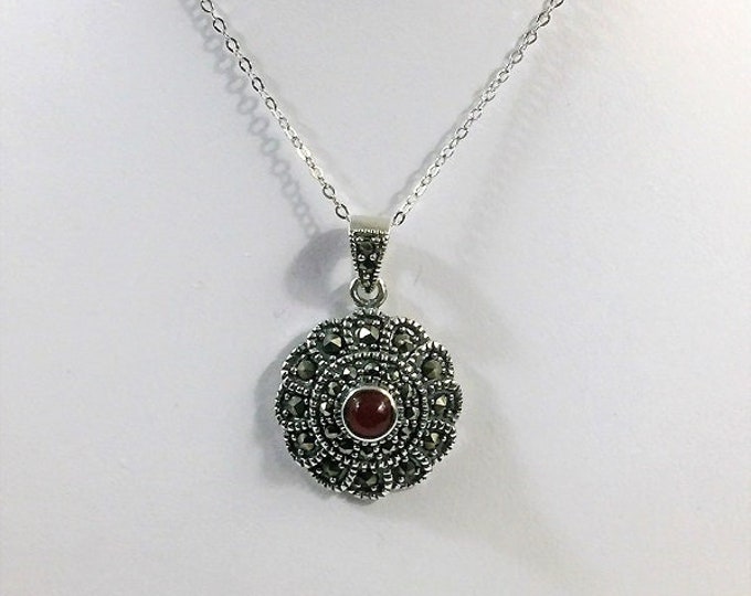 Vintage Sterling Silver, Marcasite and Cabochon Red Carnelian Necklace, 1" Long, 18mm Circle, 18" Chain. Free US Shipping.