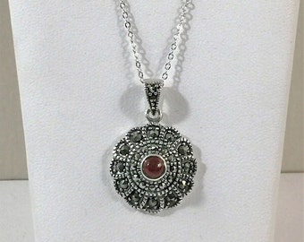 Vintage Sterling Silver, Marcasite and Cabochon Red Carnelian Necklace, 1" Long, 18mm Circle, 18" Chain. Free US Shipping.