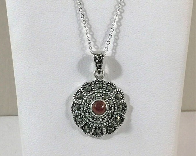 Vintage Sterling Silver, Marcasite and Cabochon Red Carnelian Necklace, 1" Long, 18mm Circle, 18" Chain. Free US Shipping.