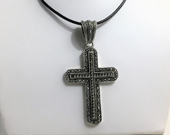 Vintage Sterling Silver & Marcasite Large Cross, Circa 1980's, Fine Craftsmanship, 3" Long 1.5" Wide. On Leather Cord, Free US Shipping.