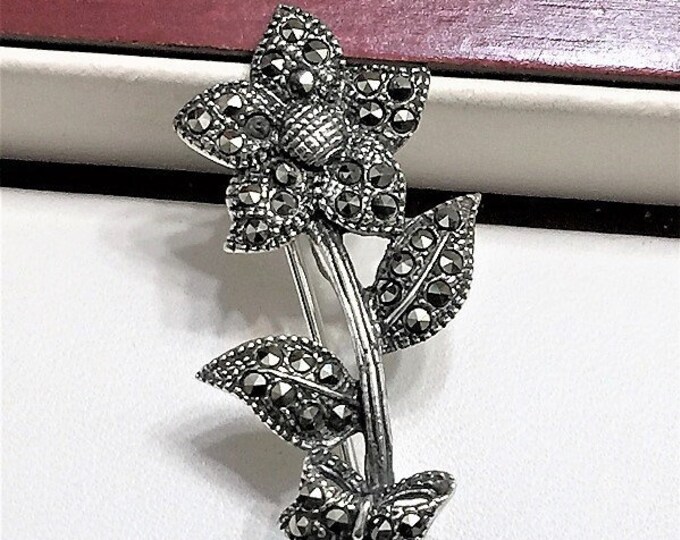 Vintage Sterling Silver and Marcasite Flower Brooch, Beautifully Crafted, 1 3/4" Long, Circa 1980's. Refinished. free us shipping