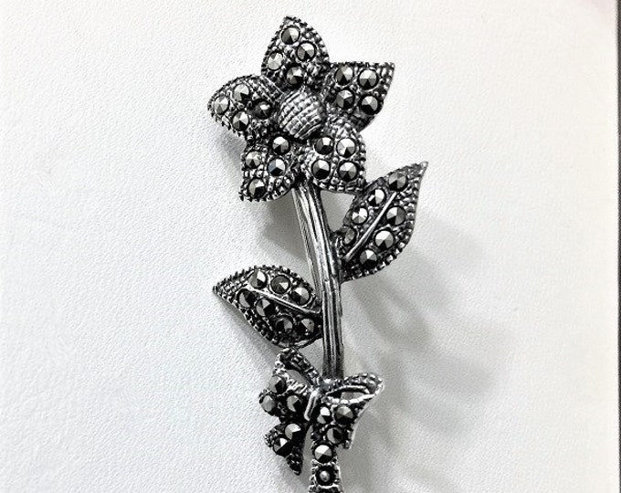 Vintage Sterling Silver and Marcasite Stones Flower Brooch, Very Well Crafted, 1 3/4" Long, Simply Beautiful