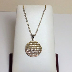 Sterling Silver Glamorous Slide, Gold & Rhodium Overlay, Round Brilliant Rows of CZ, 1&quot; Circle, 16&quot; Vintage Sterling Chain. Free US Shipping