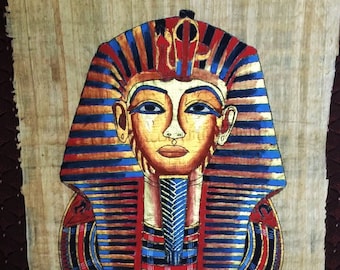 Vintage Hand Painted Egyptian Papyrus, King Tutankhamun Gold Mask, 17X13 inch, 3D impression. Free US Shipping.