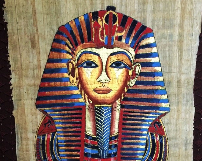 Vintage Hand Painted Egyptian Papyrus, King Tutankhamun Gold Mask, 17X13 inch, 3D impression. Free US Shipping.