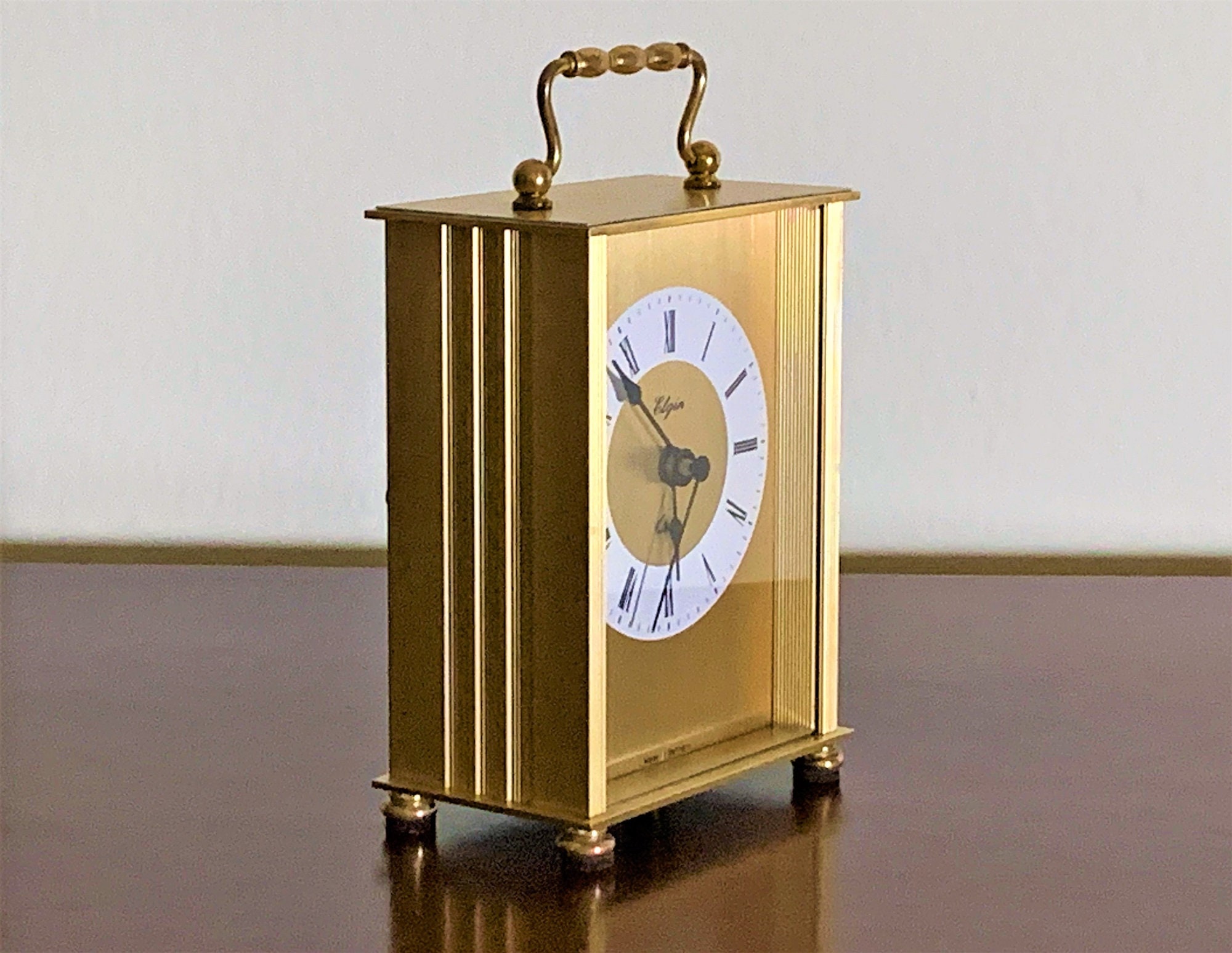Elgin Germany Brass Carriage Mantle Clock, Brushed and High Polished