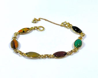 Vintage 1960's Bojar™ 12K Gold Filled Scarab Bracelet, 6 Carved Gemstones Scarabs 14X7mm. Unakite. Tiger's Eye Etc,  7" L. Free US Shipping