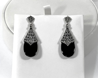 Vintage Sterling Silver Black Onyx & Marcasite Dangle Earrings, Victorian Style, 1.75" long, 7.5 Grams, Refinished. Free US Shipping.