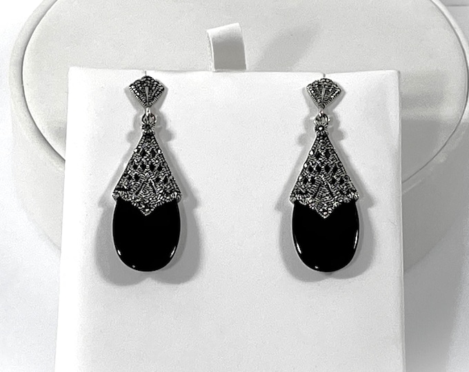 Vintage Sterling Silver Black Onyx & Marcasite Dangle Earrings, Victorian Style, 1.75" long, 7.5 Grams, Refinished. Free US Shipping.