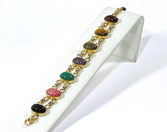 Vintage Carla® 14K Gold Filled Unique Scarab Bracelet. 7 Natural Gemstone Scarabs 14X10mm, 7.5" L. 17.50 Grams, Free US Shipping
