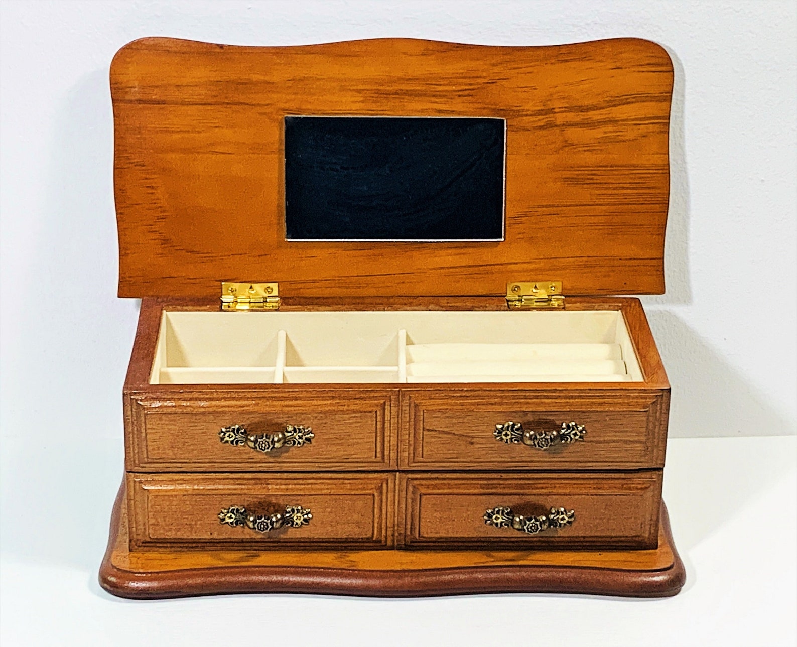 Vintage Golden Oak Jewelry Box Hinged Top W/ Mirror Padded Etsy