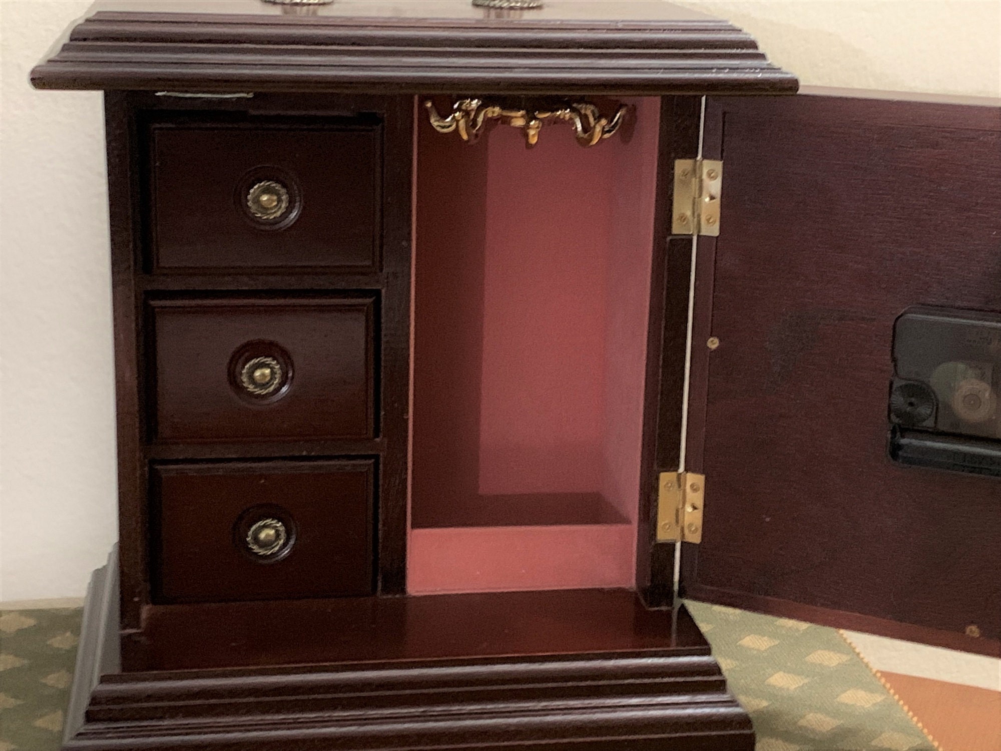 Solid Wood Jewelry With a Clock on the Hinged Door, Super Unique, Padded Drawers and