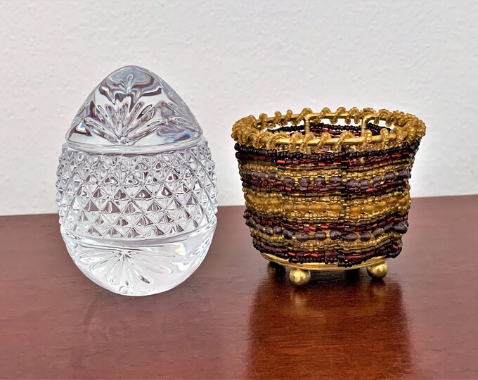 Large Fine Lead Crystal Egg, France Hand Cut 24% Lead Crystal, 3.5" Tall - 2.5" Diameter, Added Beaded Colorful Basket, Free US Shipping.