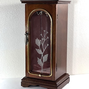 Vintage Carved Wood Jewelry Armoire: Etched Glass Door, Mahogany Finish
