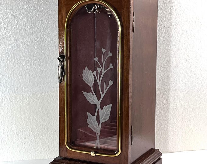 Vintage Carved Wood Jewelry Armoire, Hanger, Rings-Earrings Sections, Mirror, Etched Glass Door, 11.5" T. 6" W, Restored, Free US Shipping