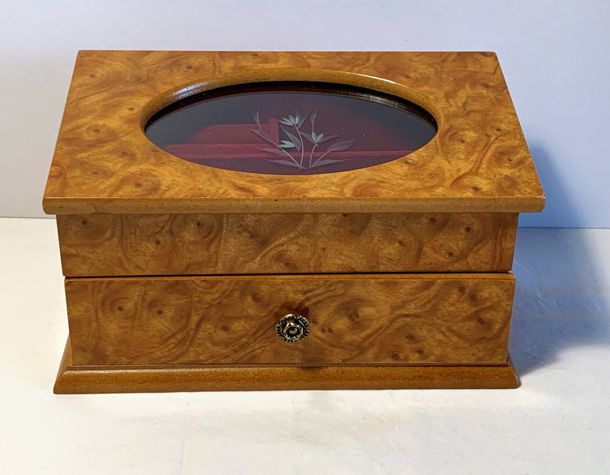 Vintage Musical Jewelry Box, Sankyo Music Box, Etched Glass Window